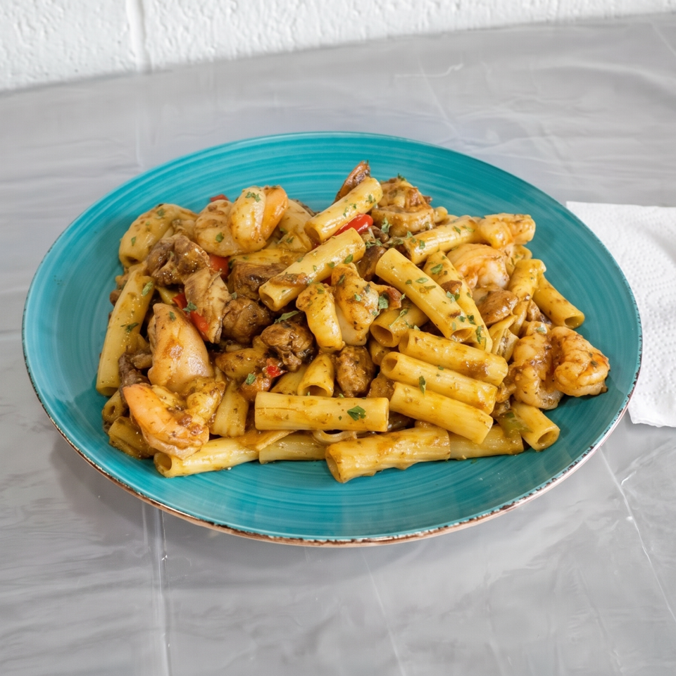 A vibrant teal plate holds a generous serving of pasta with shrimp and chicken, alongside a fork.