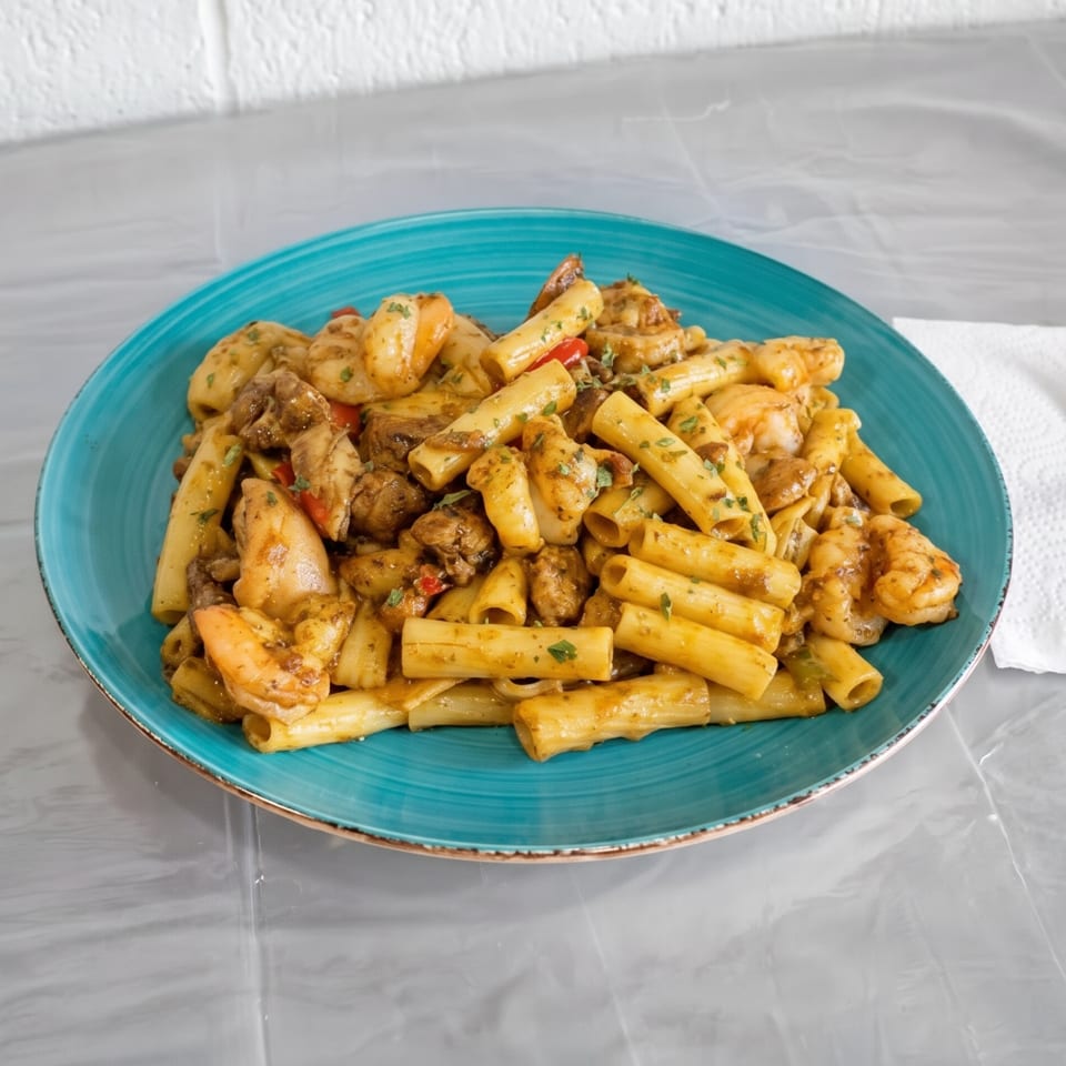 A vibrant teal plate holds a generous serving of pasta with shrimp and chicken, alongside a fork.