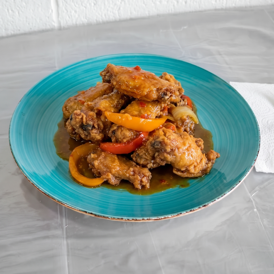 Sweet and sour chicken wings with bell peppers and onions on a blue plate.